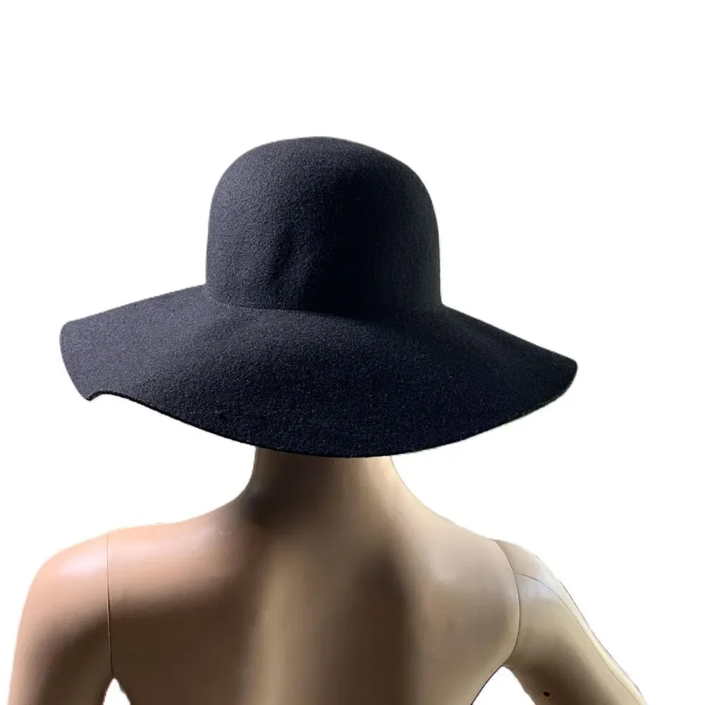 Sakkas Womens Black Wool Wide Brim Foldable Cloche Hat Indie Gothcore Size M/L‎